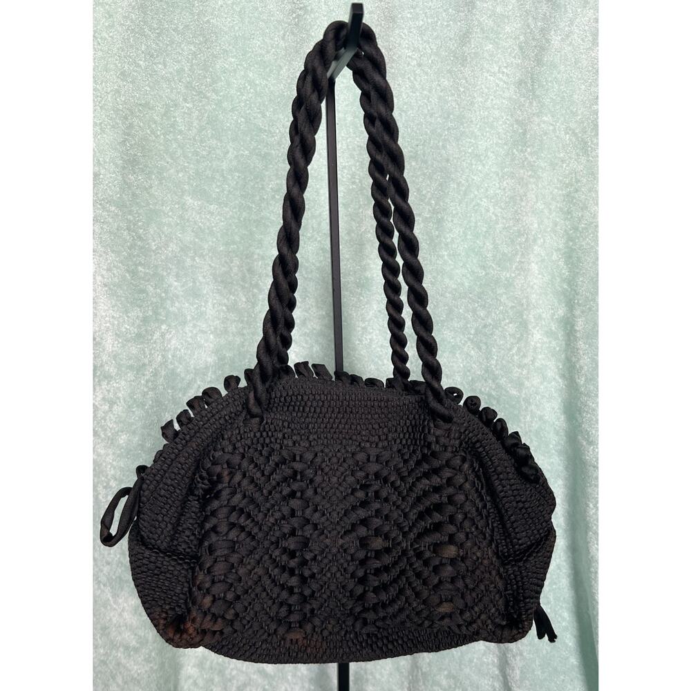 Vintage 1940s Black Woven Macrame Knot Handbag Purse Bag